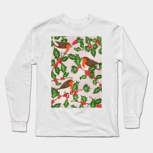 Three little paper cut robins on a holly bush Long Sleeve T-Shirt